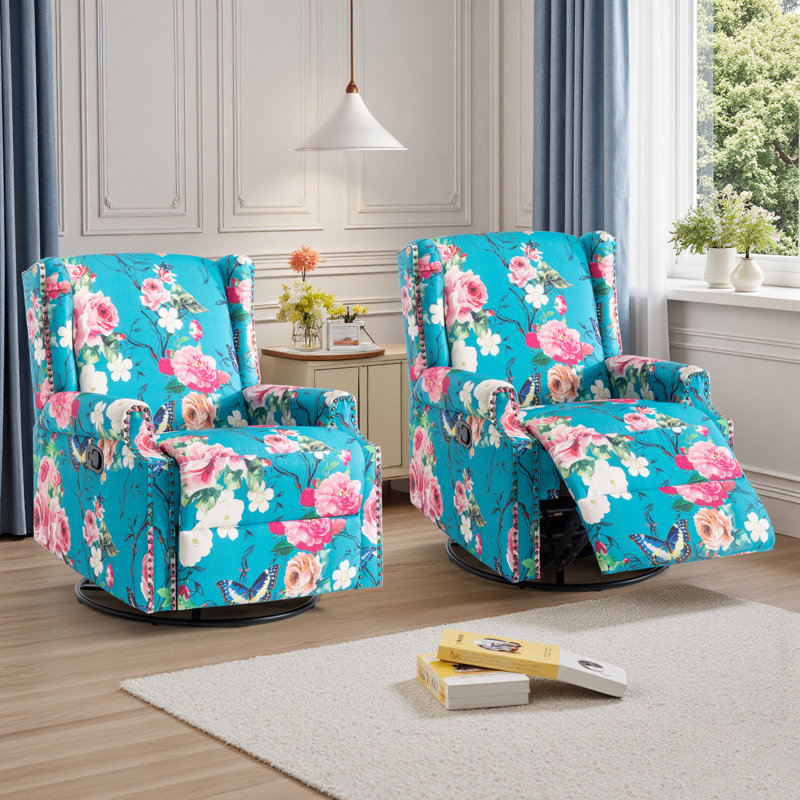 Upholstered Classic Wing Back Manual Handle Swivel Rock Glider Recliner with Naihead Trims, Peacock Blue