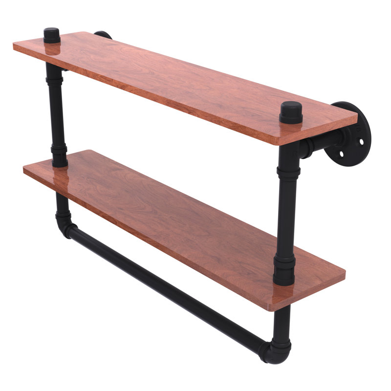Bayer 2 Piece Walnut Industrial Pipe Shelves, Matte Black, 13.2" H x 22" W x 5.6" D