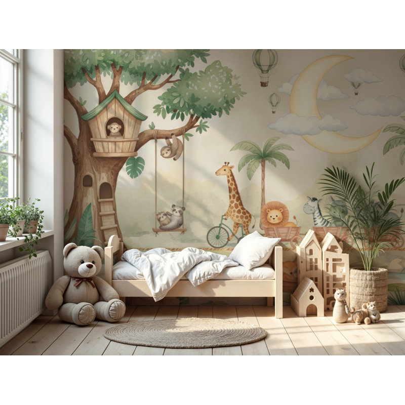 Murale de safari avec train pour chambre de bébé | Papier peint adhésif pour enfants avec montgolfière | Décoration murale amovible