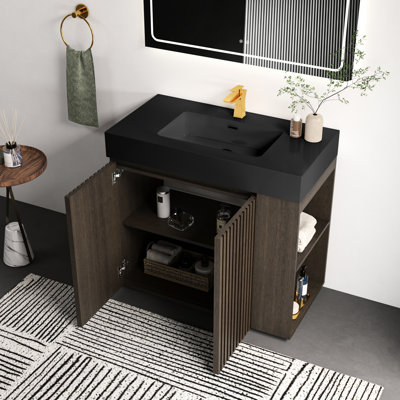 Meuble-lavabo sur pied 36 po en chêne fumé, armoire cannelée, poignées cachées, étagères réglables, fixation murale en chêne avec cuve à quartz noire, style rétro, intérieur, fixation, charnières