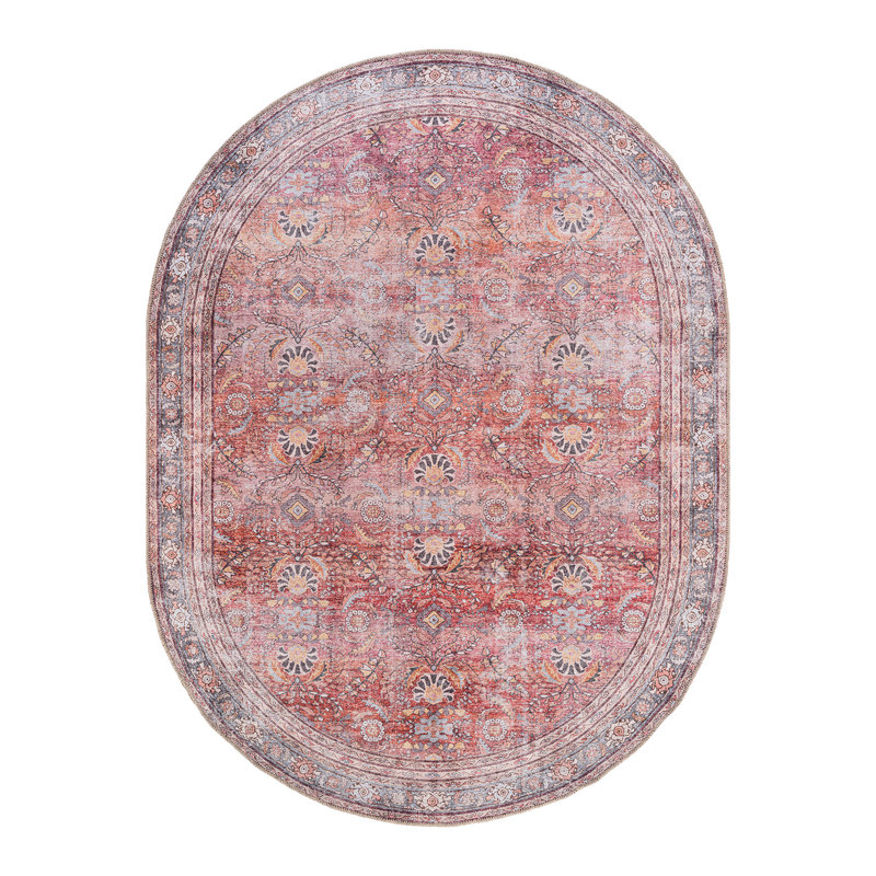 Tapis rouge / gris à envers antidérapant Labarbera, Ovale 5 pi x7 pi