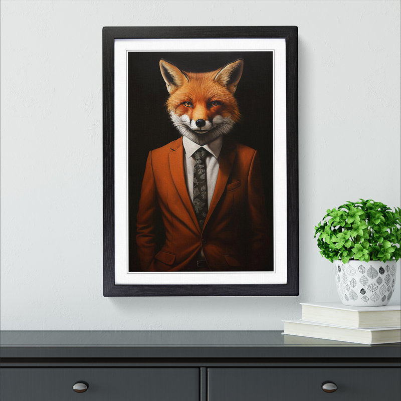 Fox In A Suit Painting No.4 - Single Picture Frame Print on Wood, 64cm H x 46cm W x 2cm D, Black