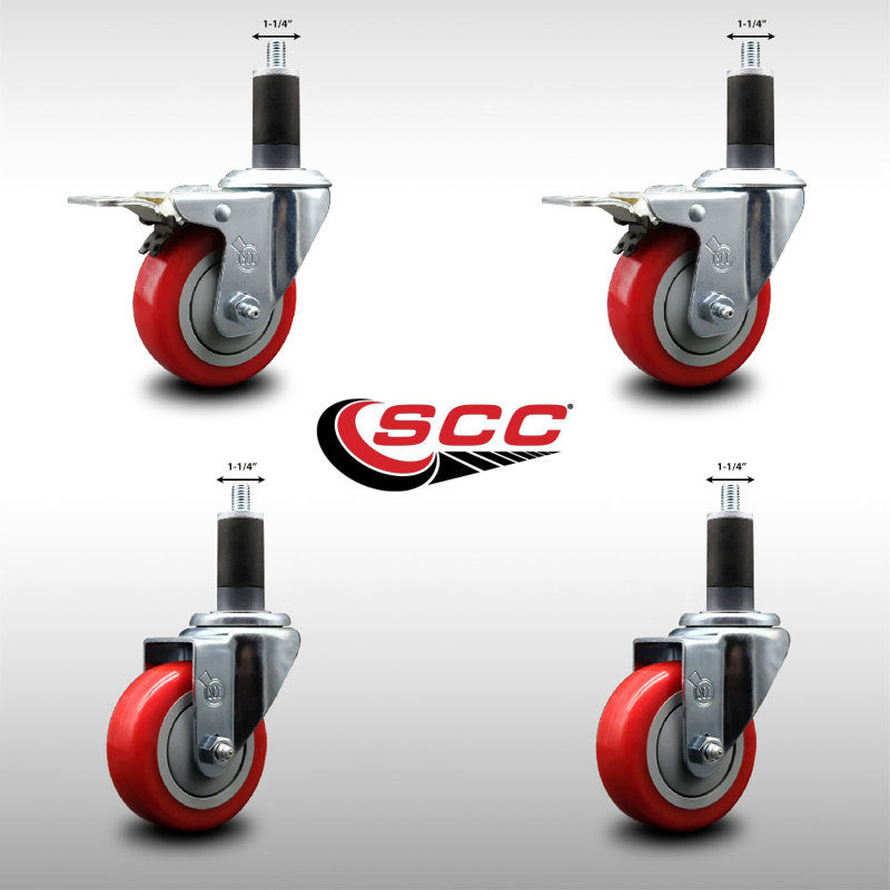 3.5 Inch SS Poly Swivel 1-1/4 Inch Expanding Stem Caster Set 2 Total Lock Brakes, Red
