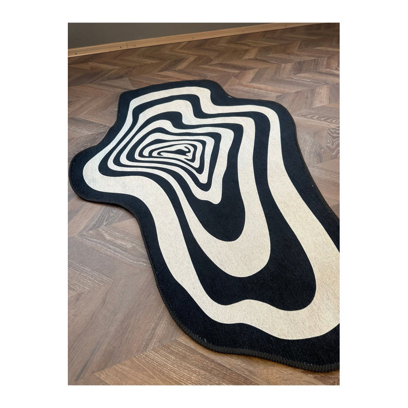 Tapis décoratif décoratif moderne noir et blanc à base tissée asymétrique, Tapis de couloir 4 pi 11 po x 9 pi 10 po