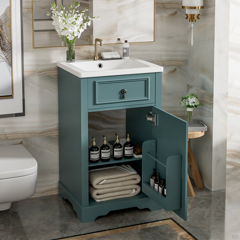 20-Inch Bathroom Vanity with Ceramic Sink - Space-Saving Cabinet with Soft-Close Door, Adjustable Shelf & Door Rack for Small Bathrooms, Compact Storage Solution