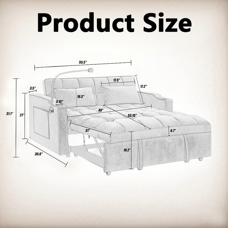 Canapé-lit de futon pliable - réglable, facile à assembler, avec support USB et téléphone, 2 coussins inclus, Bleu