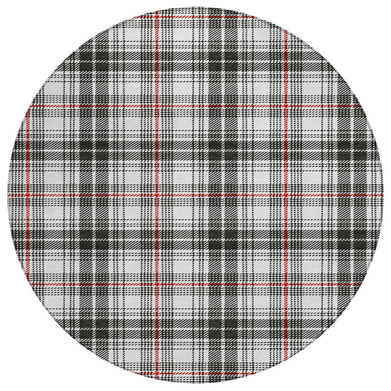 Black and White Round Plaid Synthetic Washable Rug 8'