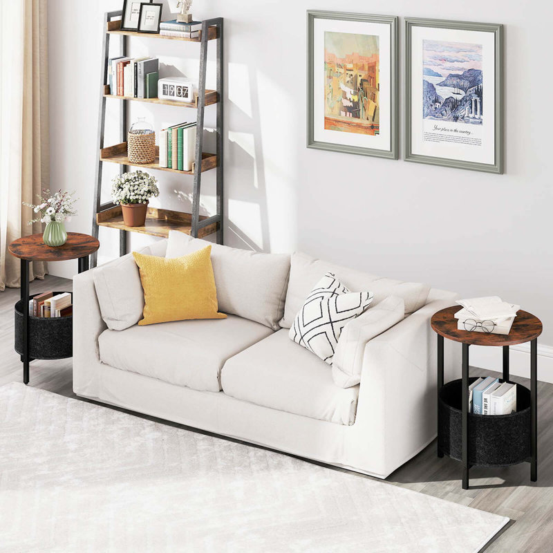  2 Pcs Round End Table With Felt Storage Basket Sturdy Metal Frame For Bedroom