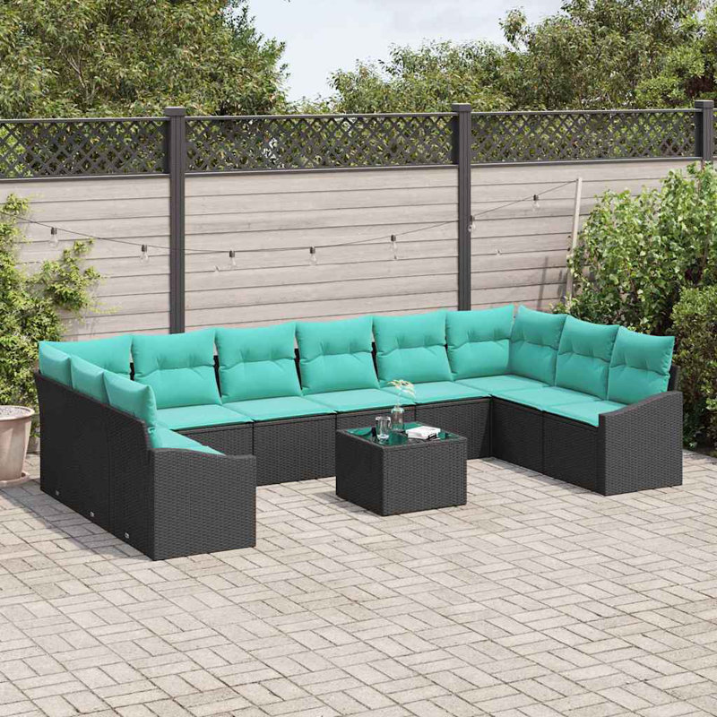 Ensemble de canapé vidaXL avec coussin 11 pièces synthétique noir: rotin de polyester, Coussin bleu / cadre noir