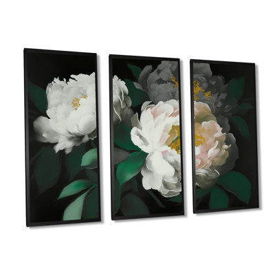 White Blossoming Peony On Black I " White Blossoming Peony On Black I " 3 - Pieces