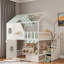 Lit superposé en bois avec escalier de rangement, plateformes de rangement ouvertes, tablette supplémentaire, toit, fenêtres mignonnes et porte centrale-831743417