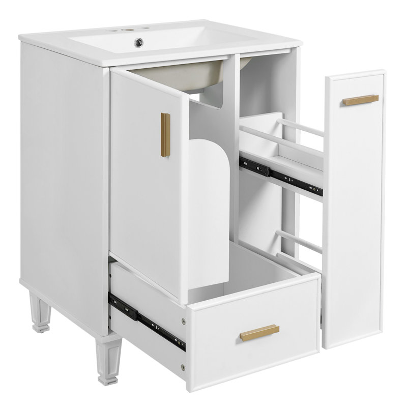 Meuble-lavabo de salle de bain avec lavabo, armoire de salle de bain avec tablette de porte, tiroir profond, Blanc