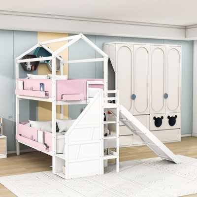 Wooden Twin Over Twin/Full Loft Bunk Bed with Playful Slide