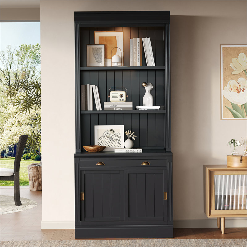 83.4"Tall Bookshelf with LED Lighting, Modern Bookcase with Sliding Doors and Open Shelves,Storage Bookshelf for Living Room,Home Office,Black