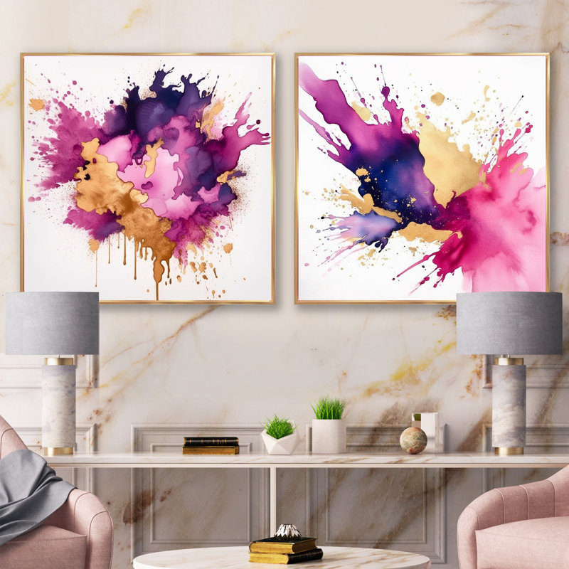 Coupes mauves et dorées - ensemble de 2 collages carrés à spirales abstraites, Encadrement doré, H 30 po x l 61 po