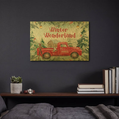 'Red Christmas Truck In Wonderland' By Jean Plout Gold Metal Wall Art, 16" x 12"