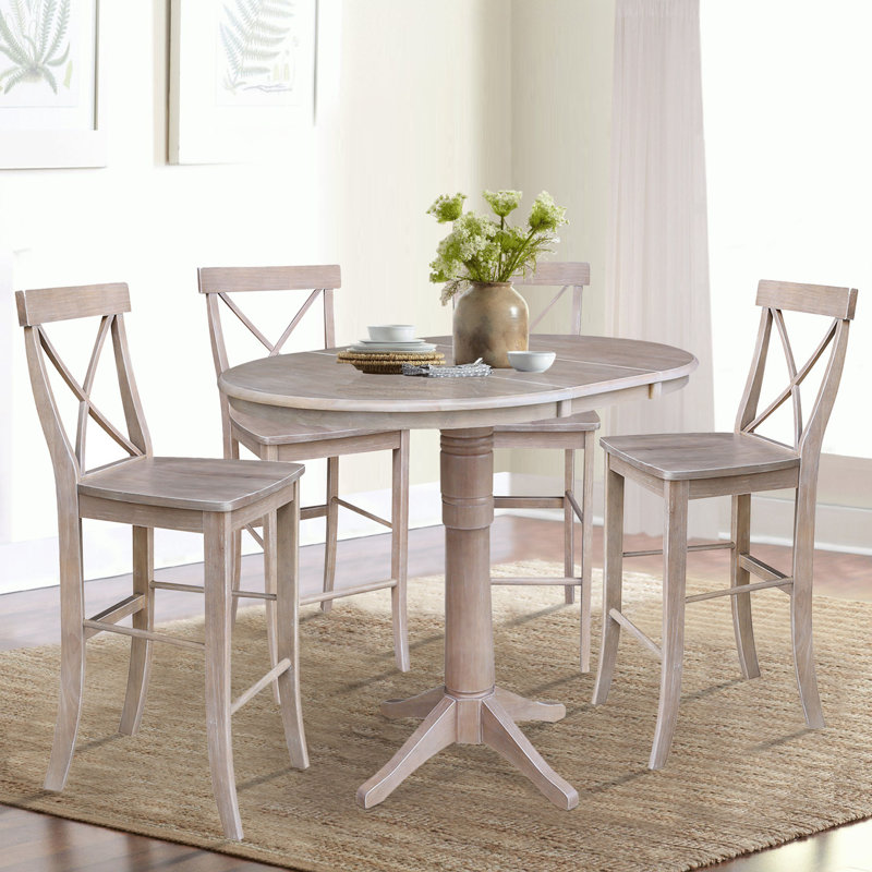 Chaaya Bar Height Extendable Solid Wood Dining Set, 5 Piece, Washed Gray Taupe