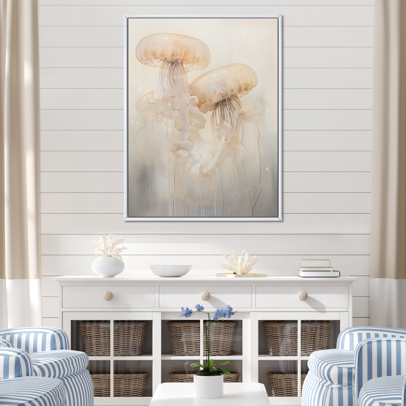Minimalisme, méduse blanche, rêves sur toile, Cadre flottant blanc, H 40 po x l 30 po x P 1,5 po