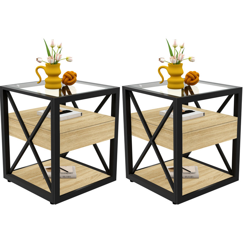 Ensemble de 2 tables de bout modernes avec tiroir - table de chevet pour chambre à coucher et salon, panneau de fibres à densité moyenne en bois naturel et plateau en verre trempé, table d'appoint de style industriel