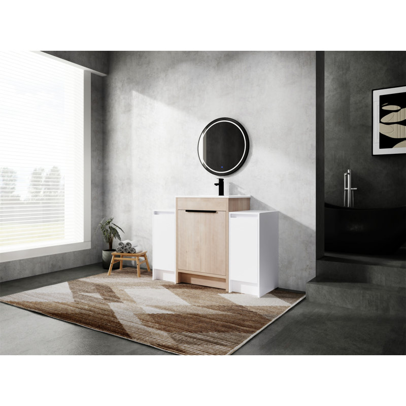Meuble-lavabo autoportant avec lavabo en céramique et 2 armoires de rangement en céramique, porte, armoire de rangement pour salle de bain