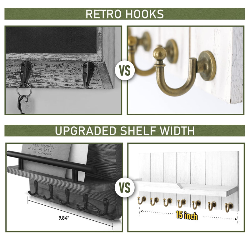 Decorative Key And Mail Holder For Wall - Farmhouse 15 Inches Floating Shelf With 7 Sturdy Key Hooks For Home Entryway Wall Decor - Rustic Key Racks
