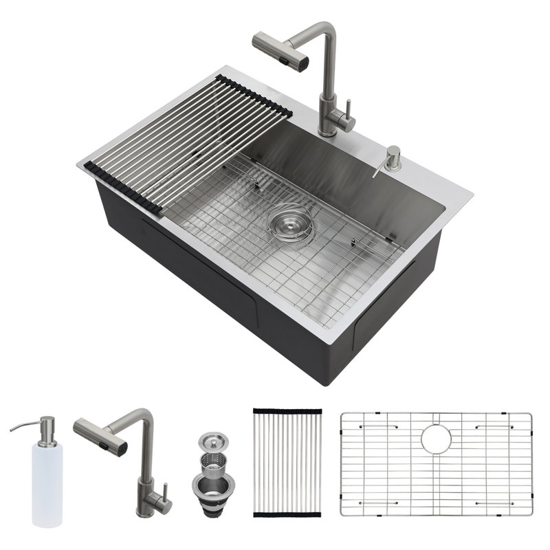 Évier de cuisine encastré 30 po avec robinet rétractable et distributeur de savon - 30 po x 22 po à cuve simple en acier inoxydable de calibre 16