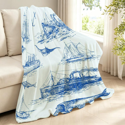 Navy Ultra Soft Flannel Fleece Throw Blanket,Nautical Fish Boat Vintage Single-Sided Print