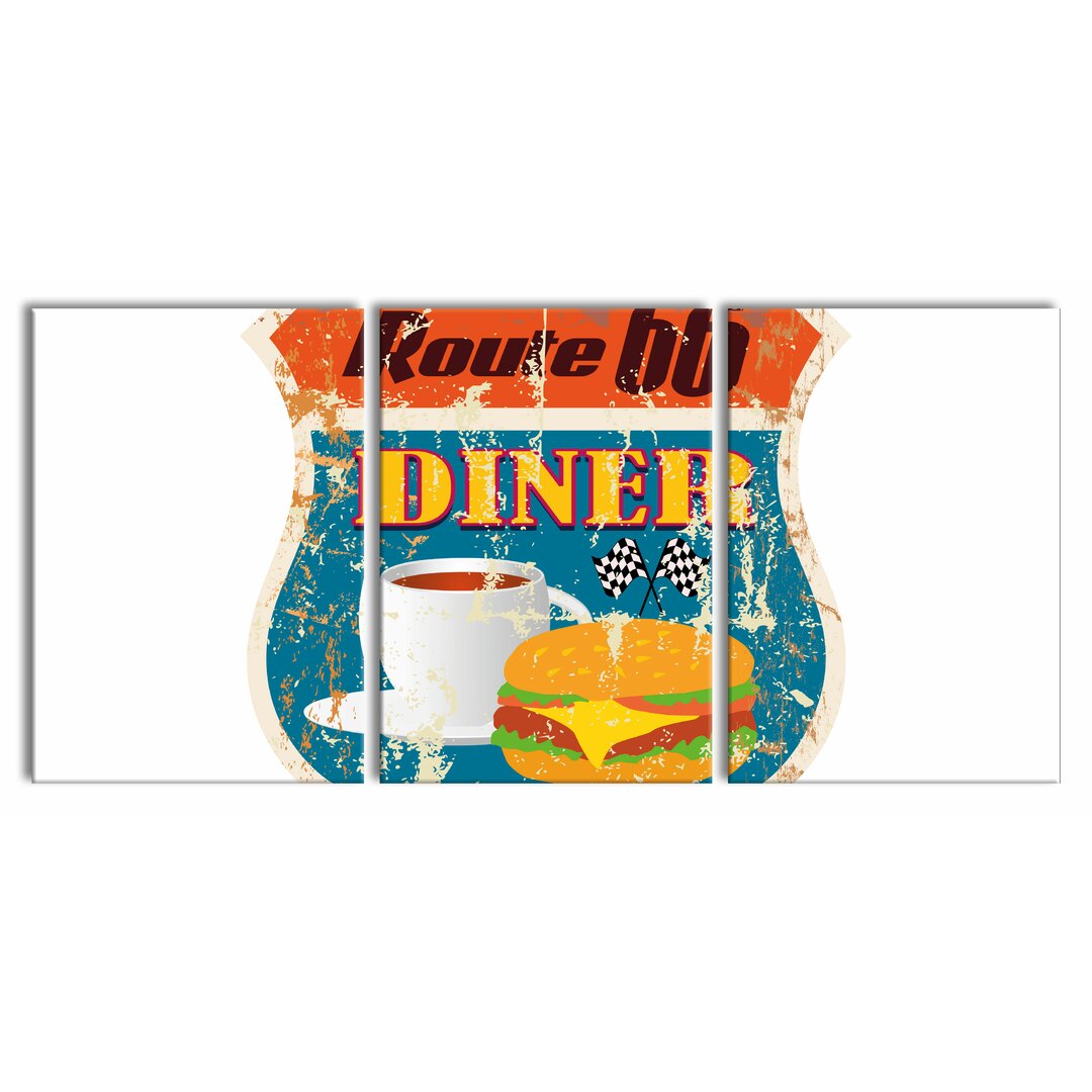 3-tlg. Leinwandbilder-Set Altes Route 66 Schild Diner