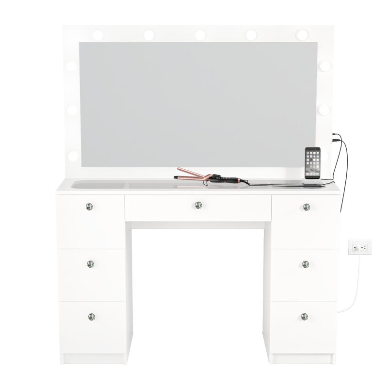 Boahaus Yara Large Lighted Makeup Vanity Desk with Big Mirror and Built-In Lights, White , Crystal Knobs