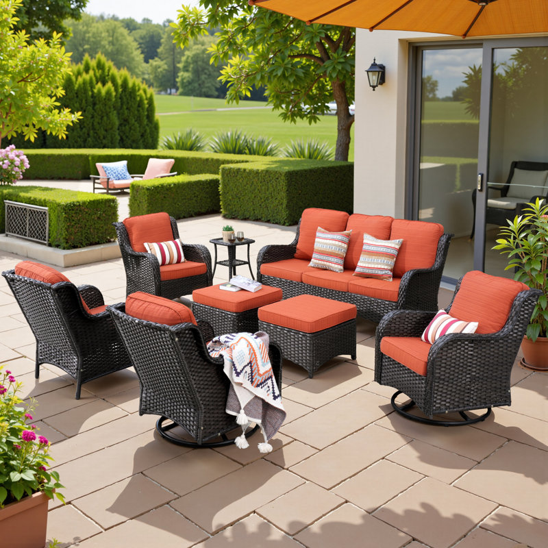 Amerissa 7 - Person Wicker Rattan Patio Furniture Set with Swivel Chairs, Outdoor All Weather Sofa Conversation Set with Cushions for Garden Backyard