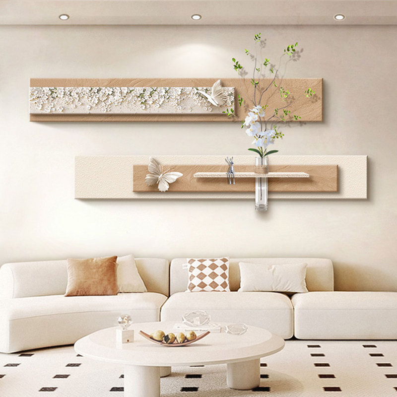 Décoration murale crème en bois avec vase hydroponique - canapé de salon, Brun / blanc / vert / argent