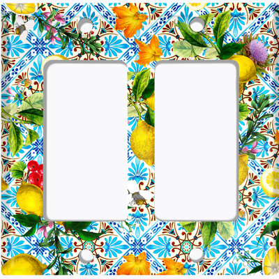 Metal Light Switch Plate Outlet Cover (Elegant Teal Fruit Flowers Tile  - Double Rocker)