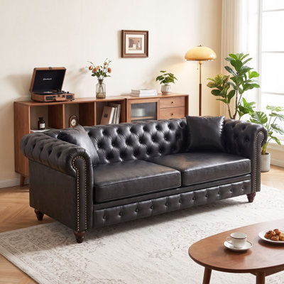 Canapé de bureau Chesterfield capitonné de 85,5 pouces, canapé de réception 3 places en similicuir noir avec coussins à ressorts ensachés