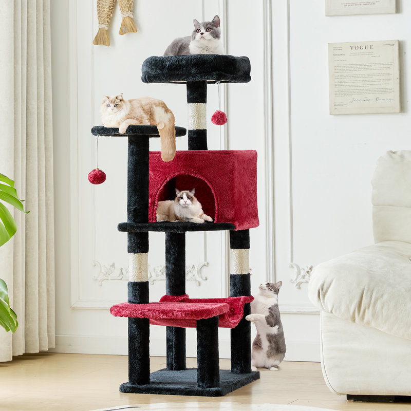 Arbre à chat H 44 po avec perchoir, condo, hamac et poteau à griffes, Noir rouge