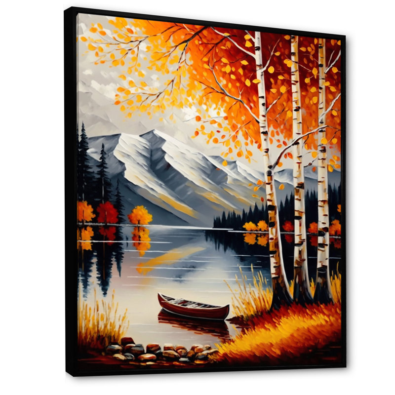 Bouleaux rouges et orange d'Oaklyn au bord du lac - impression, H 32 po x l 24 po x P 1 po, Cadre flottant noir