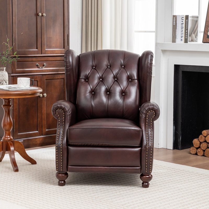 Almantas 31.5" W Genuine Leather Push-Back Recliner, Espresso