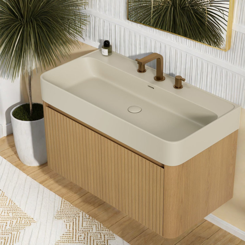 Meuble-lavabo flottant et lavabo flottant, rangement pour salle de bain grain de bois moderne de 36 pouces, 35.43