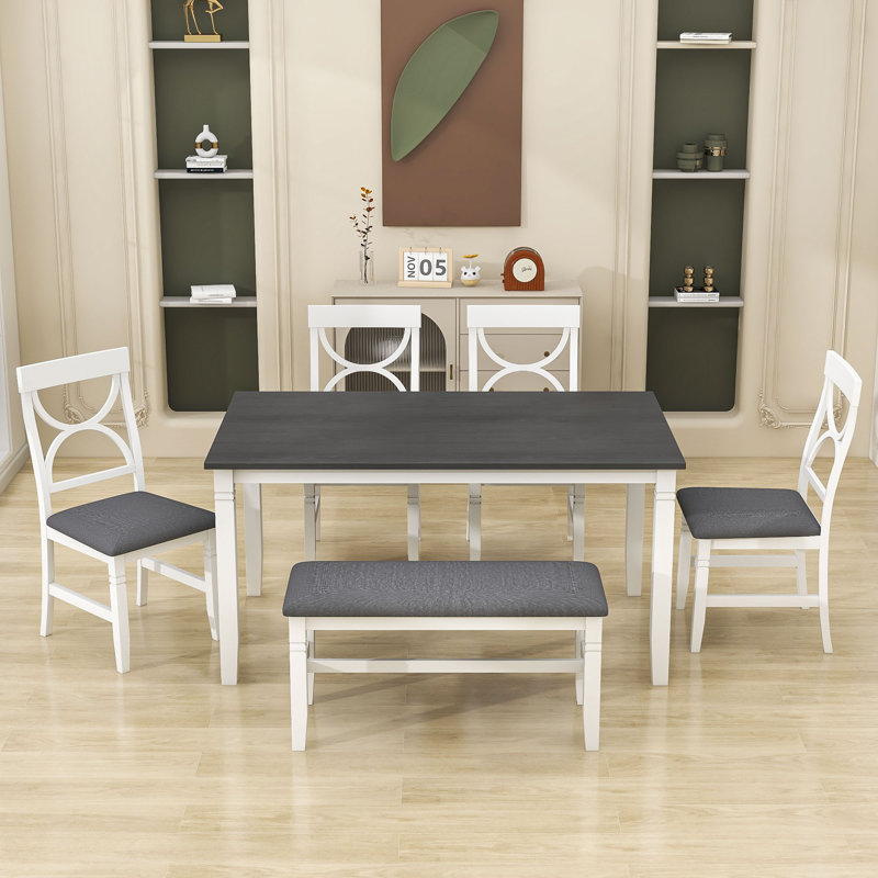 Ensemble de salle à manger 6 pièces Sjang, Blanc, Blanc / Gris