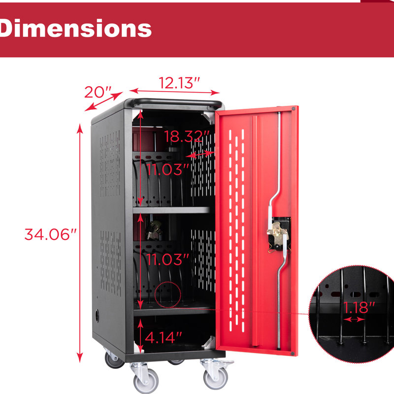 Chariot de charge pour 16 tablettes, acier noir, multiprise, gestion des câbles, mobilité, station d'exposition Bay, station pour ordinateur portable avec tablette, 12,22 po de profondeur, 19,79 de largeur, 33,68 po