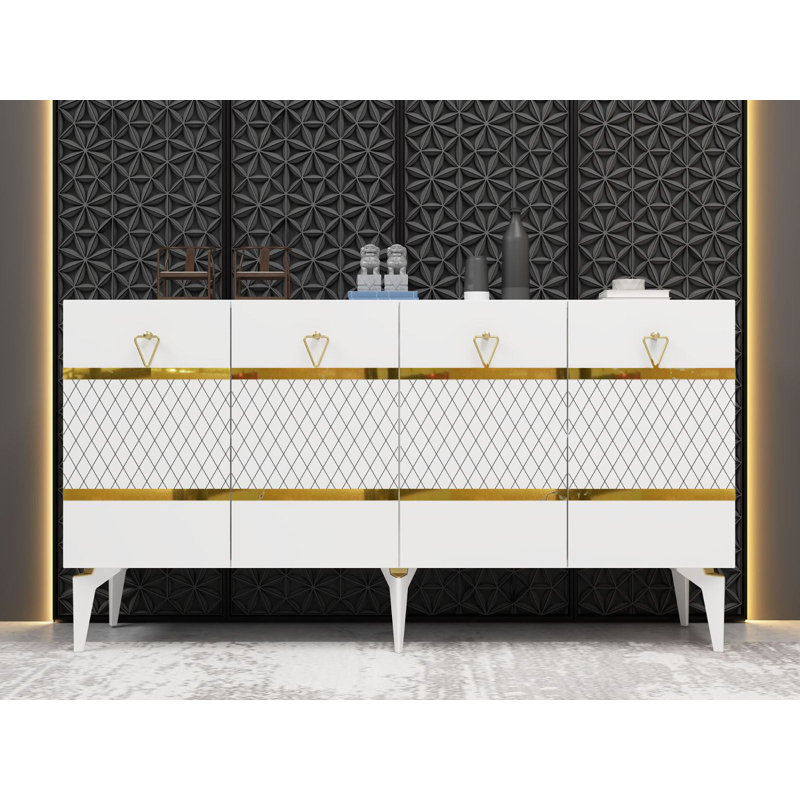 Console moderne blanc et or, panneau de particules recouvert de mélamine à 100%, épaisseur: 0,7 pouce | Plusieurs tablettes, conception à fixation murale, esthétique géométrique élégante pour la décoration intérieure
