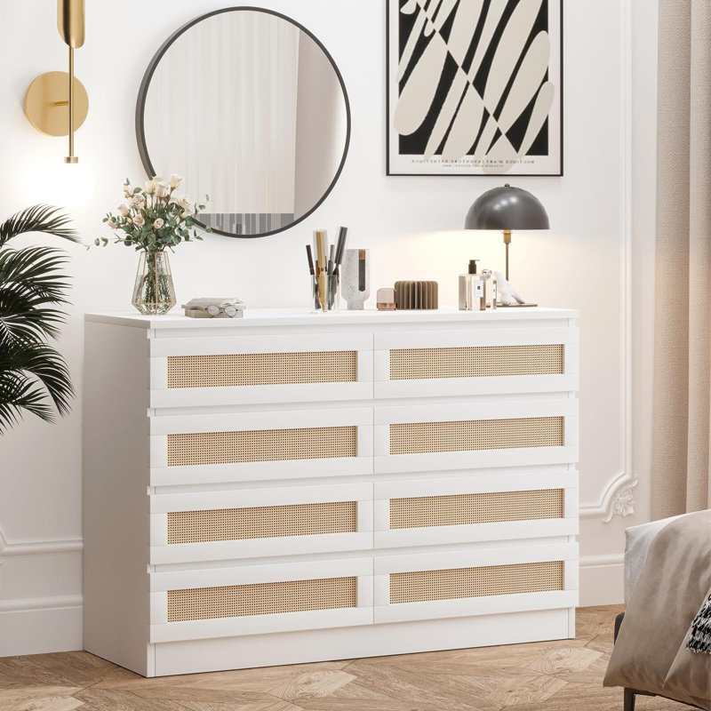 Commode 8 tiroirs, commode de rangement moderne en bois et large table de chevet pour le salon de la chambre à coucher, White