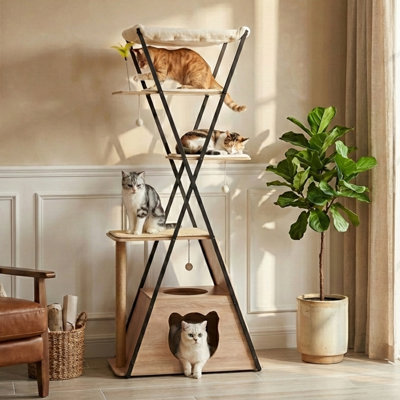 71" Modern Industrial Cat Tree: Multi-level Wooden Tower With Metal Frame & Washable Pads