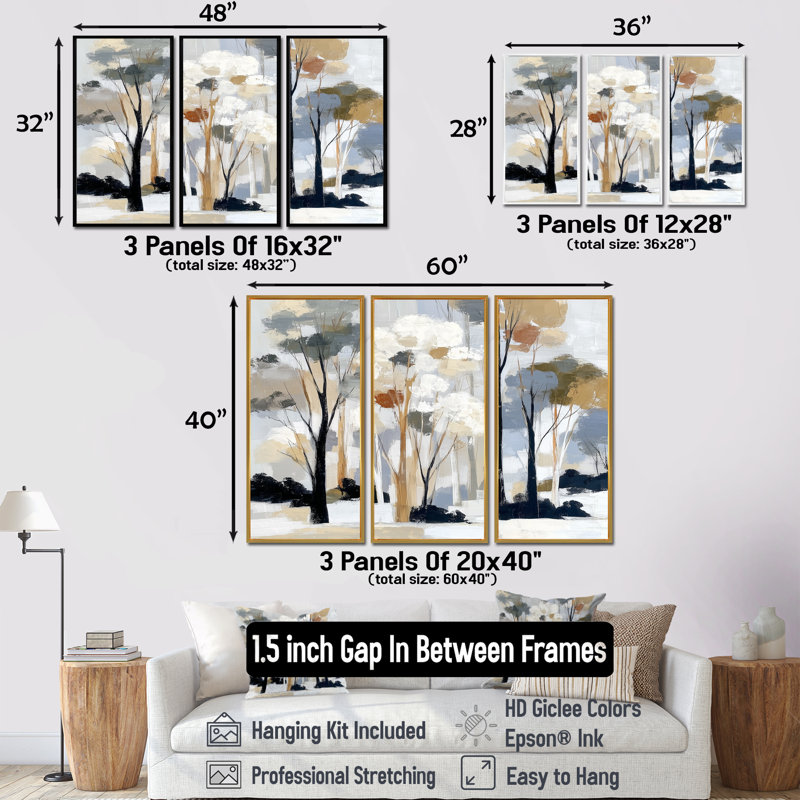 Ensemble de décorations murales avec bouleaux blancs et noirs, H 40 po x l 60 po, Reproduction avec cadre flottant, Blanc