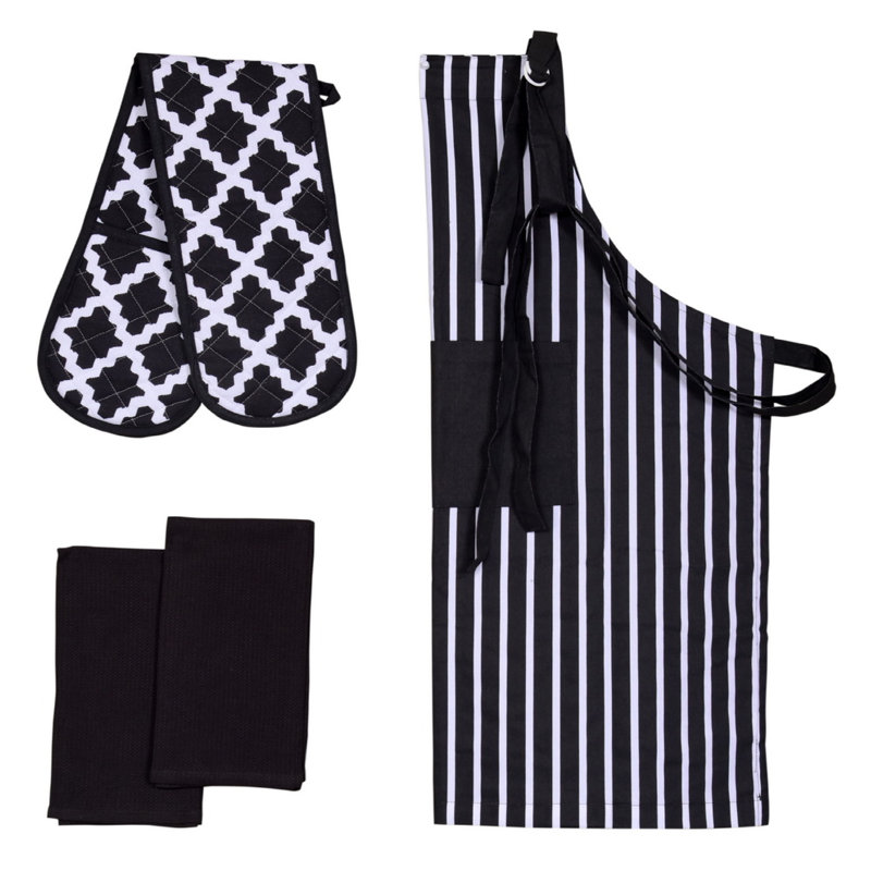Brambly Cottage Hoppe Striped 100% Cotton Potholder & Oven Mitt Set, Black