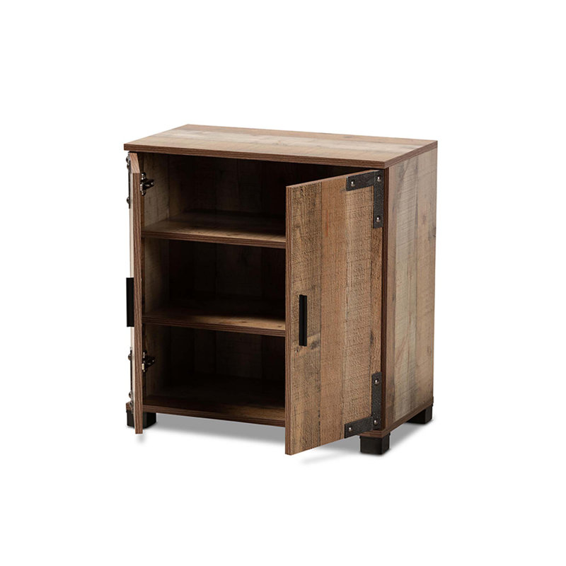 Rustic Brown Wood 2-Door Shoe Cabinet with Industrial Accents
