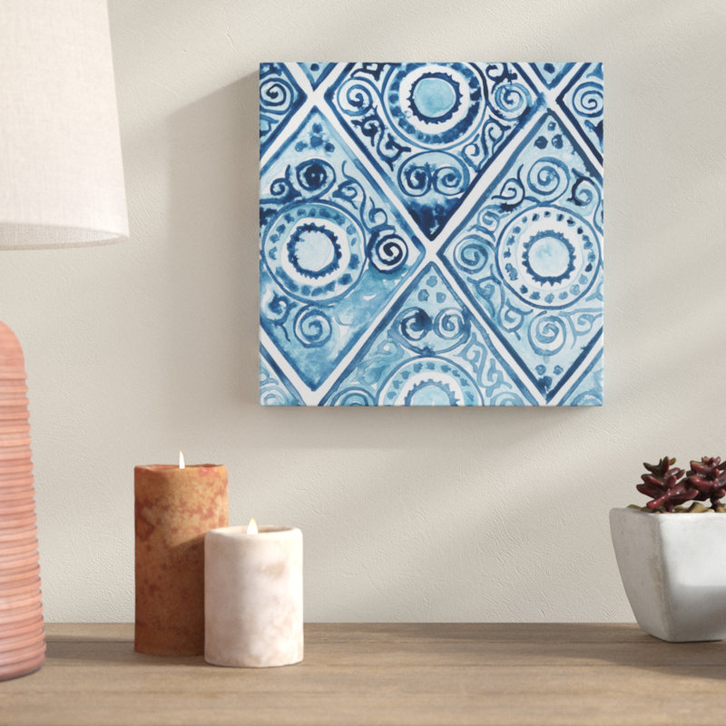 «Indigo Sampler I», peinture sur toile, H 20 po x l 20 po, Toile tendue