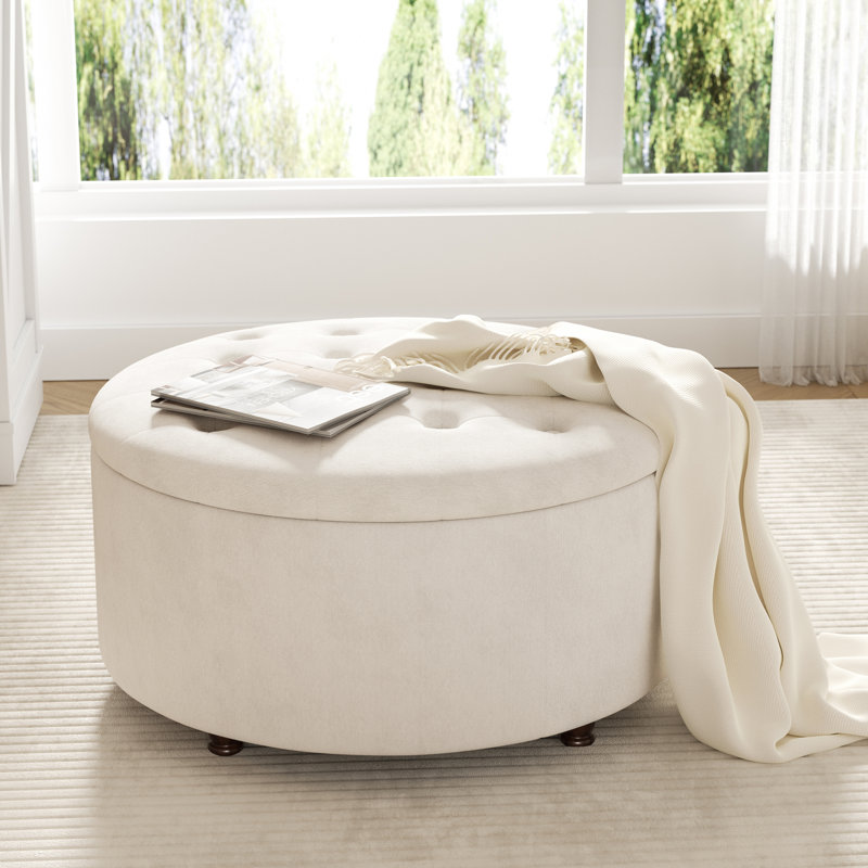 Winston Porter Upholstered Ottoman with Storage, Beige Linen Blend