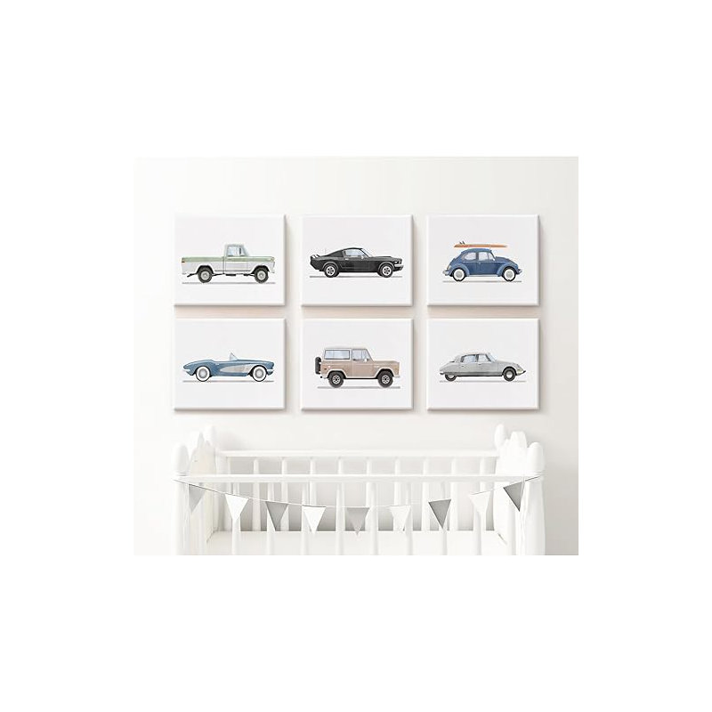 Car Wall Art Decor Boys Room Wall Art Vintage Cars Canvas Poster Toddler Kids Room Wall Art Watercolor Car Pictures Prints For Bedroom Nursery 8X10 Inch Framed Set Of 6