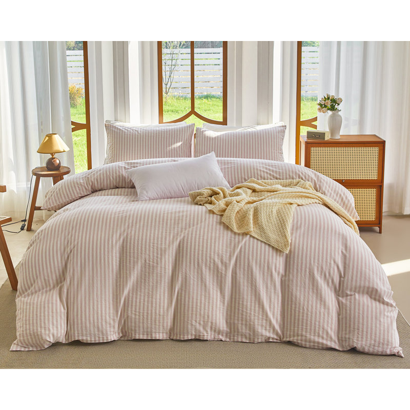 Ensemble de housse de couette à rayures XINMIANFANG, Housse de couette grand et 2 taies d'oreiller stan, Rose/Blanc