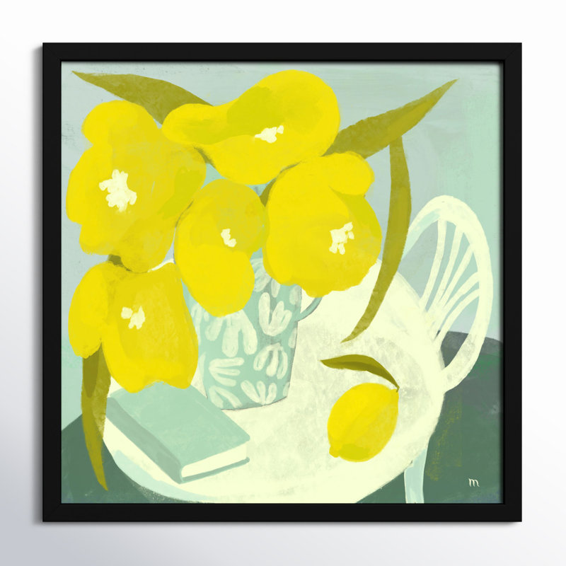 Yellow Flowers And Lemon Painting by StudioM, 44" H x 44" W x 1.25" D, Black Framed